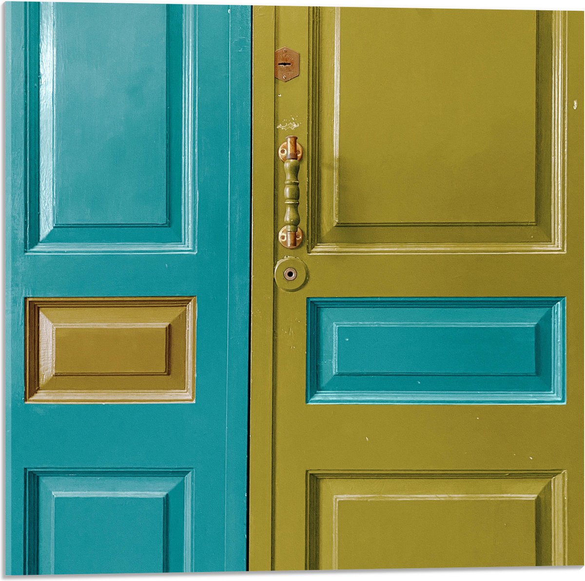 Acrylglas - Deur - Deurklink - Groen - Blauw - 50x50 cm Foto op Acrylglas (Met Ophangsyste
