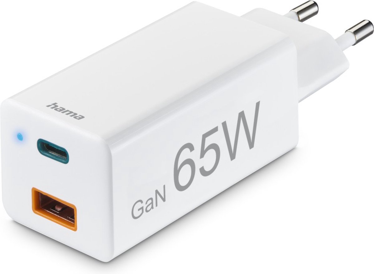 Hama Snellader - 65W Oplader met 2 poorten - GAN - 1x USB-C PD, 1x USB-A QC - Mini-oplader - Geschikt voor Smartphone, tablet, laptops - Reislader - Wit