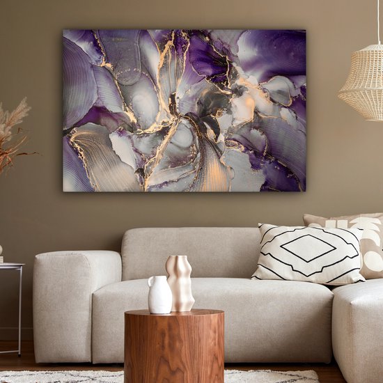Toile Peinture Or - Violet - Marbre - 140x90 cm - Décoration murale