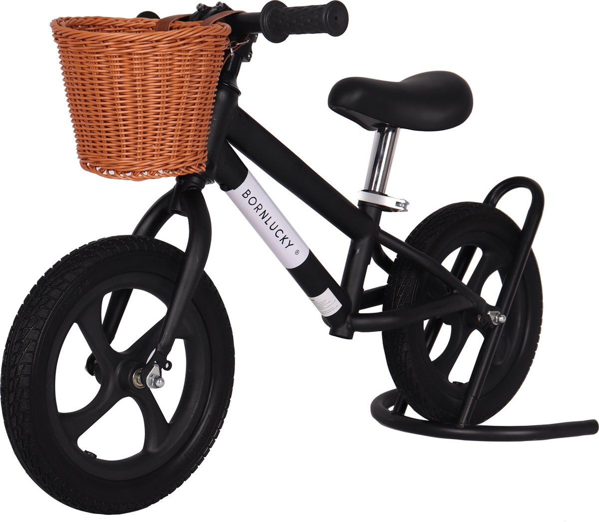 Born Lucky® Loopfiets Met Fietsmand– Vanaf 2 jaar – 12 inch massieve banden - Verstelbaar Zadel & Stuur – Zwart — afbeelding 6