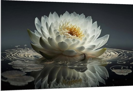 PVC Schuimplaat - Witte Waterlelie Drijvend op Water met Veel Bladeren en Donkere Achtergrond - Bloemen - 150x100 cm Foto op PVC Schuimplaat (Met Ophangsysteem)