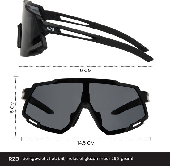 R2B® Fietsbril met 5 verwisselbare lenzen voor elk weertype - Unisex & Universeel - Sportbril - Zonnebril voor Heren en Dames - Fietsaccessoires - Zwart - R2B