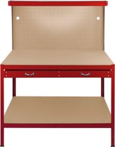 Etabli Table de travail - 120x60x155 cm - Mur arrière Penderie + Tiroir + Siècle des Lumières LED + 40 Crochet + Rouge