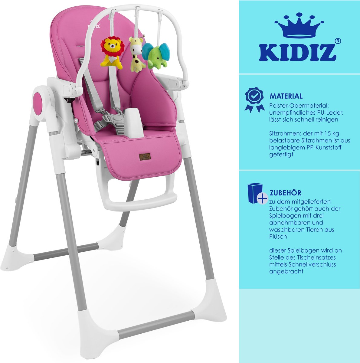 KIDIZ® 3in1 kinderstoel incl. speelbar, Eetstoel, Babystoel, combinatie kinderstoel, 7 in hoogte verstelbare rugleuning, meegroei van 0 maanden tot 6 jaar - Roze thumbnail 4