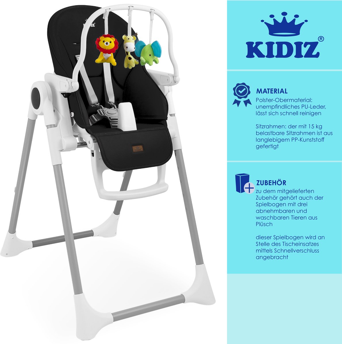 KIDIZ® 3in1 kinderstoel incl. speelbar, Eetstoel, Babystoel, combinatie kinderstoel, 7 in hoogte verstelbare rugleuning, meegroei van 0 maanden tot 6 jaar - Zwart thumbnail 5