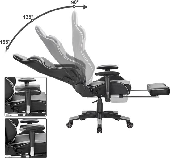 ALFORDSON Gamingstoel, gamingstoel met intrekbare voetensteun, racingstoel met 8 massagepunten, 150° helling, ergonomische managersstoel, PU-leer, in hoogte verstelbaar, 180 kg draagkracht, grijs