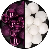 Kerstballen 60x stuks - mix wit/paars - 4-5-6 cm - kunststof - kerstversiering