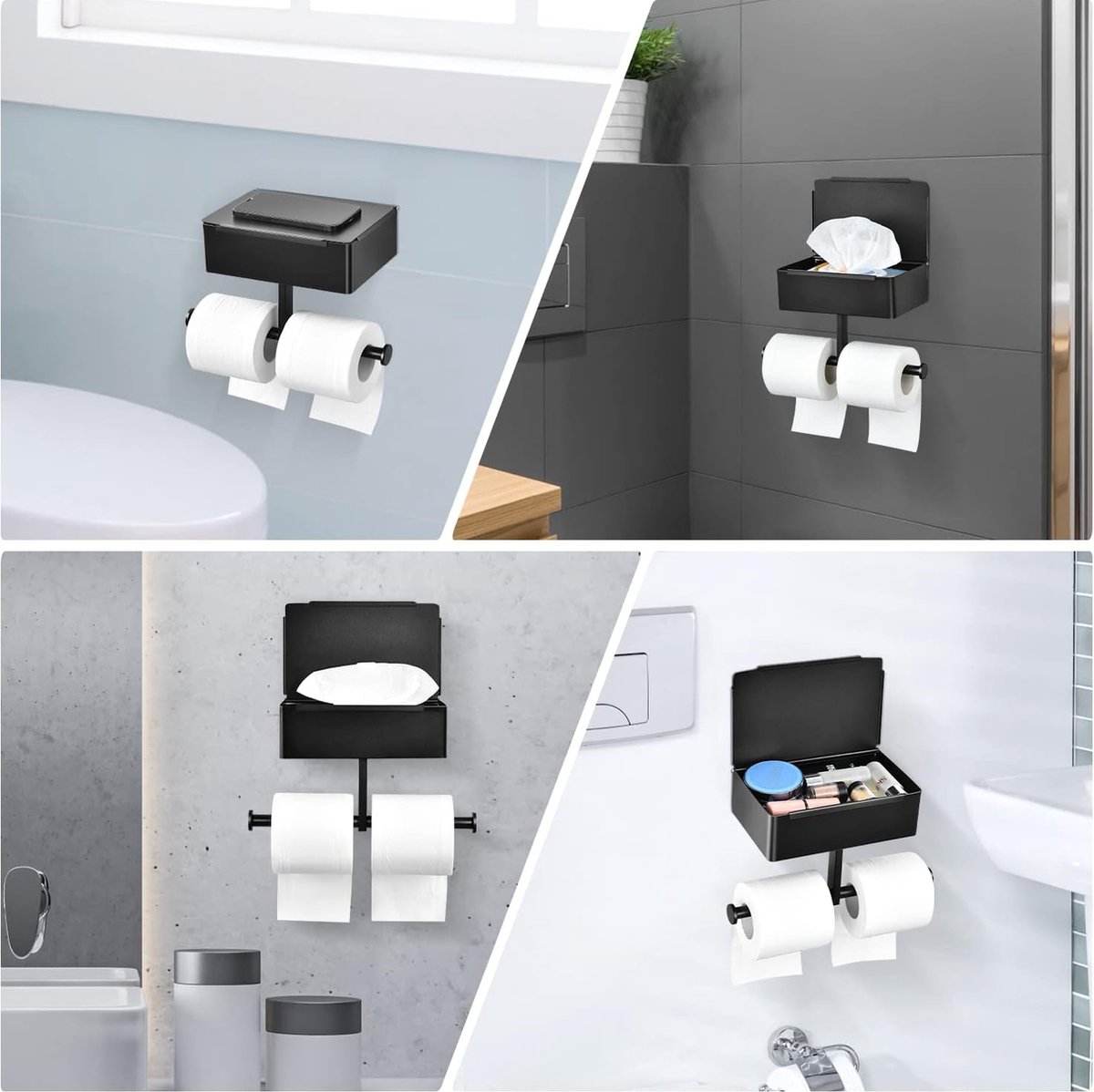 Toiletpapierhouder met vochtige doekjesdoos, zwart, wc-papierhouder