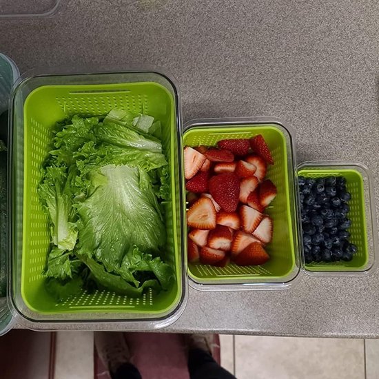 Vershouddozen, groenten en fruit, met deksel, zeef, 4-/5-delige koelkastorganizerset, BPA-vrije kunststof, voorraaddozenset, dichte vershouddozen, salade, bessen, opbergdoos, keuken, koelkastdozen (5