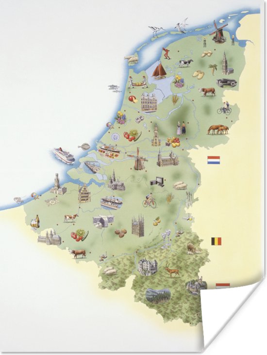 Kaart van Nederland met oriëntatiepunten 90x120 cm - Foto print op Poster (wanddecoratie woonkamer / slaapkamer)