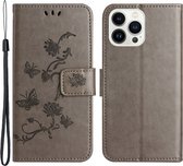 Coverup Bloemen & Vlinders Book Case - Geschikt voor iPhone 15 Pro Hoesje - Grijs