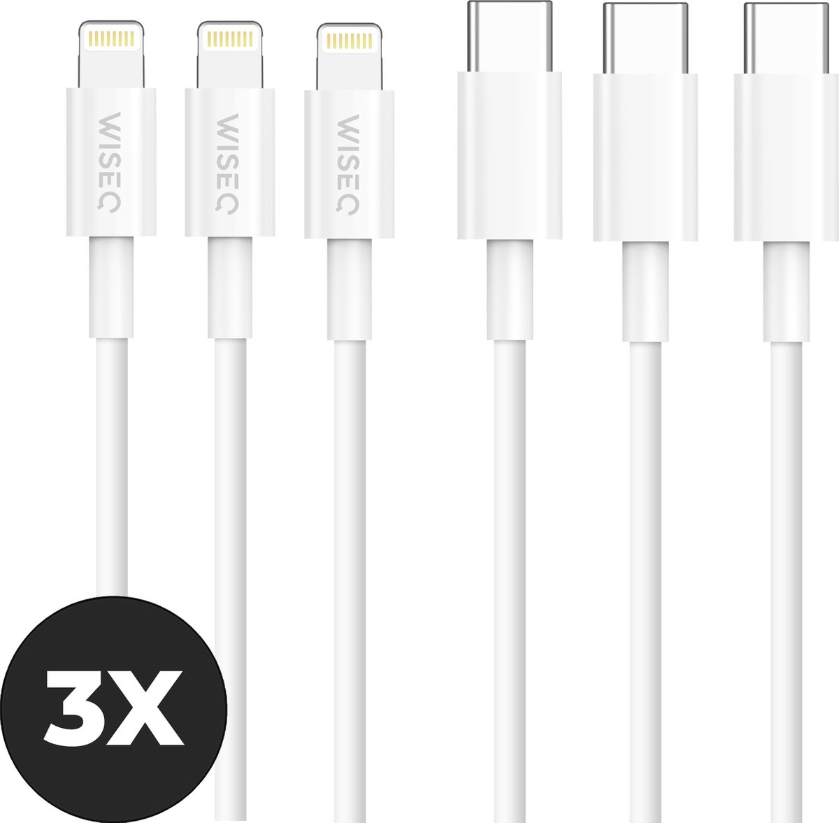Image of USB C naar Lightning oplaadkabel 2 m - set van 3 - Lightning snellaadkabel - geschikt voor iPhone 14 / 13 / 12 / 11 / XS / XR / X / 8 / 7 en iPad - wit - WiseQ