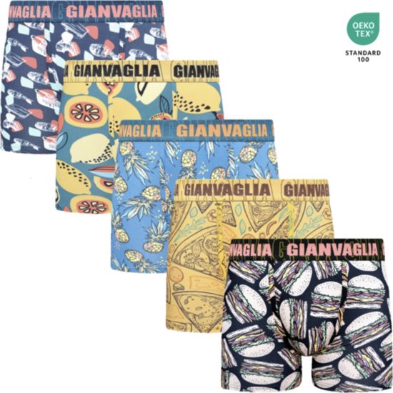 Vijf paar Gianvaglia boxershorts: met sushi-, citroen-, ananas-, pizza- en hamburgerprint. Oeko-Tex gecertificeerd.