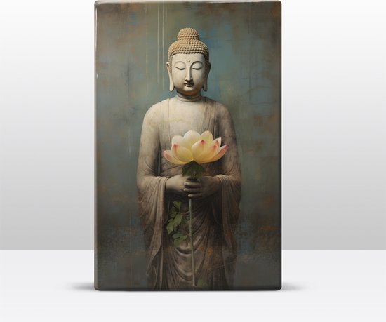 Buddha met bloemen - Laqueprint - 19,5 x 30 cm - Niet van echt te onderscheiden handgelakt schilderijtje op hout - Mooier dan een print op canvas. - LW528