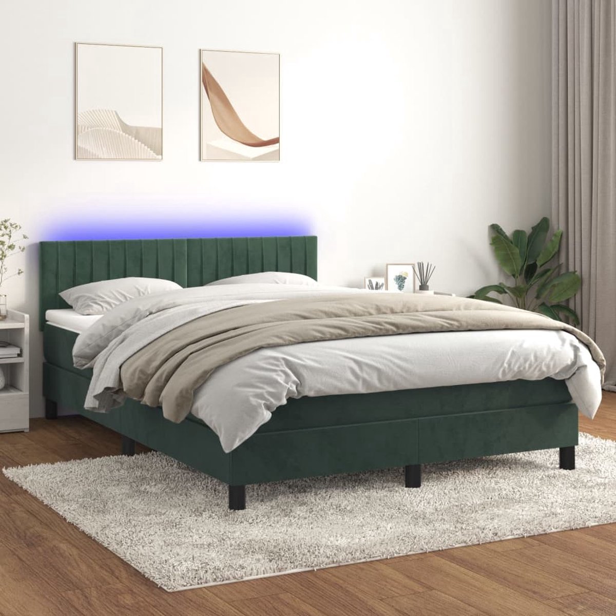 The Living Store Boxspring Bed - Donkergroen Fluweel - 193x144x78/88 cm - Incl - Matras en LED