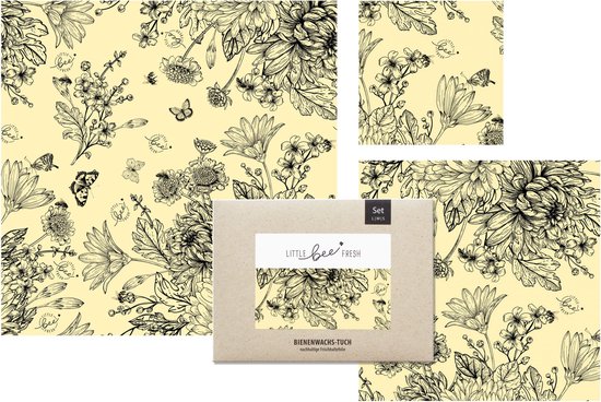 Petite abeille fraîche | Chiffon en cire d'abeille | lot de 3 | Dessin Zwart | réutilisable | géant | Enveloppement à la cire d'abeille