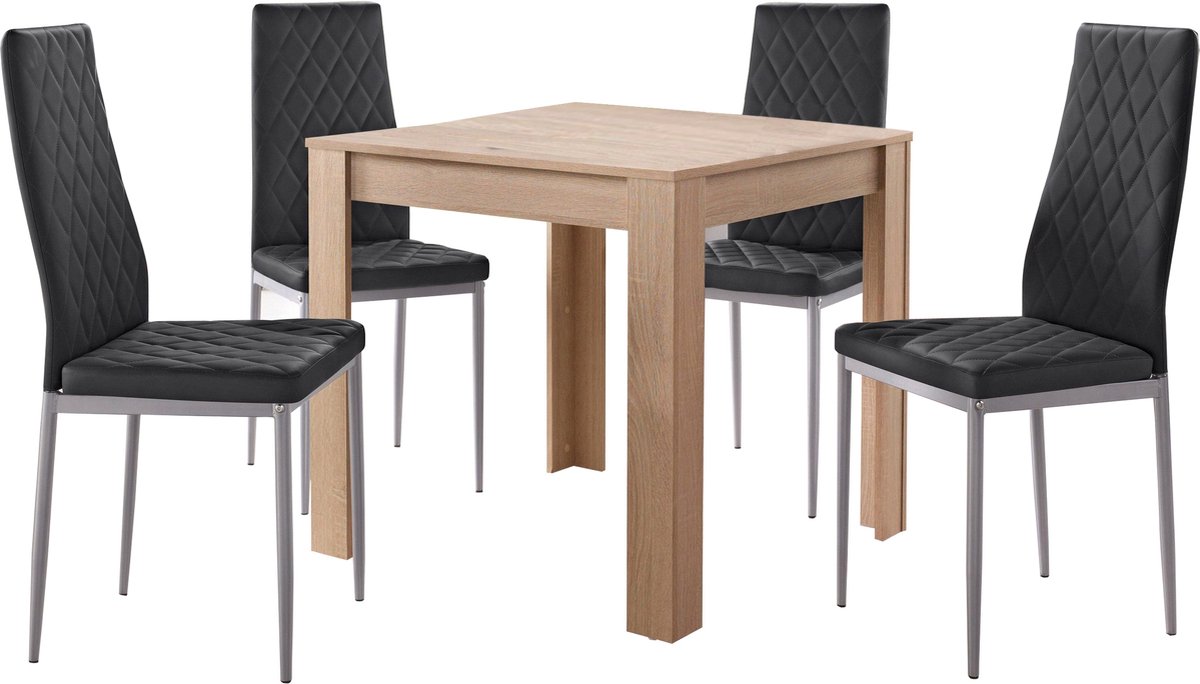 Set van 80x80 cm eettafel en 4 zwarte stoelen