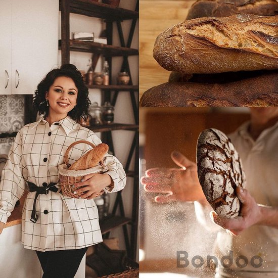 Vrouw met ruitjesjas en mandje met brood, met close-ups van versgebakken broden.