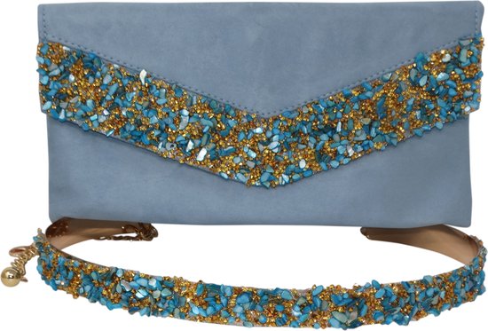 Jessidress® Luxe Handtas met Riem met Steentjes Enveloptas Bruids Accessoires met strass Elegante Taille Ketting Dames Riem - Blauw