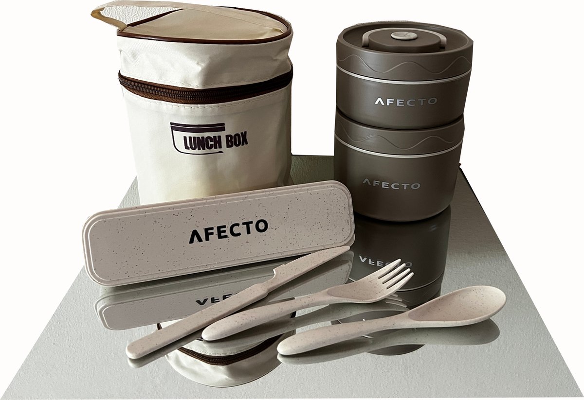 Afecto Premium RVS Lunchbox met tas + bestekset- to go-Muesli Beker- ook voor salades enz. - Duurzaam RVS