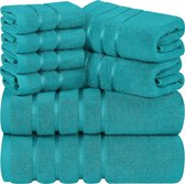 Set van 8 katoenen handdoeken met viscosestrepen en hanger, 2 badhanddoeken, 2 handdoeken, 4 washandjes (turkoois)