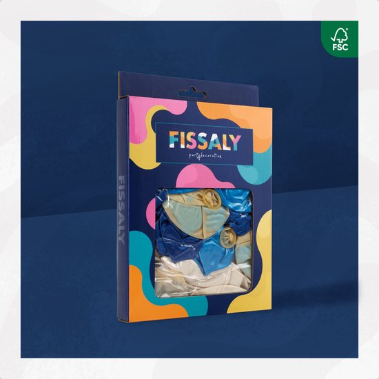 Fissaly feestdecoratie doos met blauwe, gouden en lichtblauwe ballonnen erin.