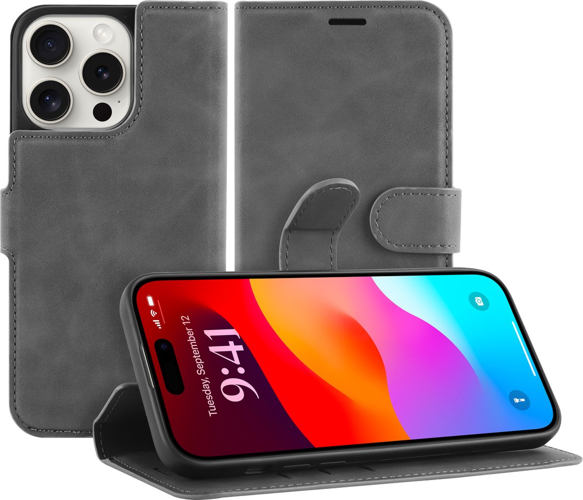 Cazy hoesje geschikt voor iPhone 15 Pro Hoesje met Pasjeshouder - Premium Bookcase - Grijs