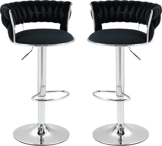 Merax Set de 2 Tabourets de bar de Luxe – Tabouret de bar – Chaise de bar avec repose-pieds et dossier – Zwart avec Argent
