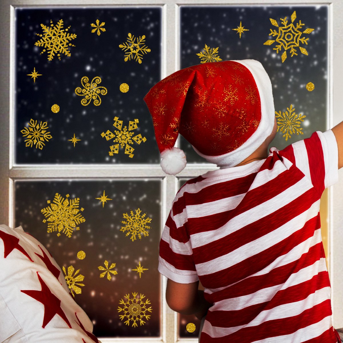 Kerst versiering | Statisch Raamsticker folie | Gouden glitter sneeuwvlokken | Kerst decoratie | Dubbelzijdig zichtbaar | Kerst | Sneeuwvlokken | Goud glitter | Raamdecoratie | Statische Raamdecoratie | Woonkamer | Huis inrichting |