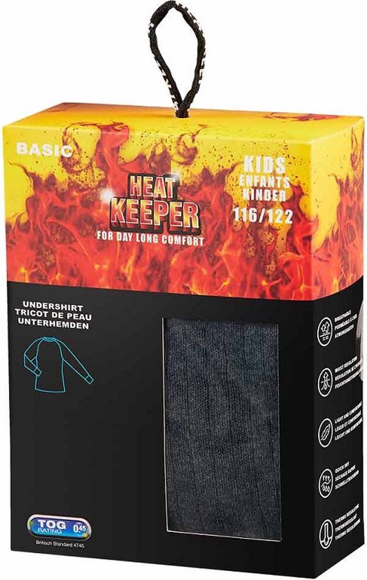 Verpakking van Heatkeeper thermoshirt voor kinderen, maat 116/122, met afbeeldingen van vuur en productinformatie.