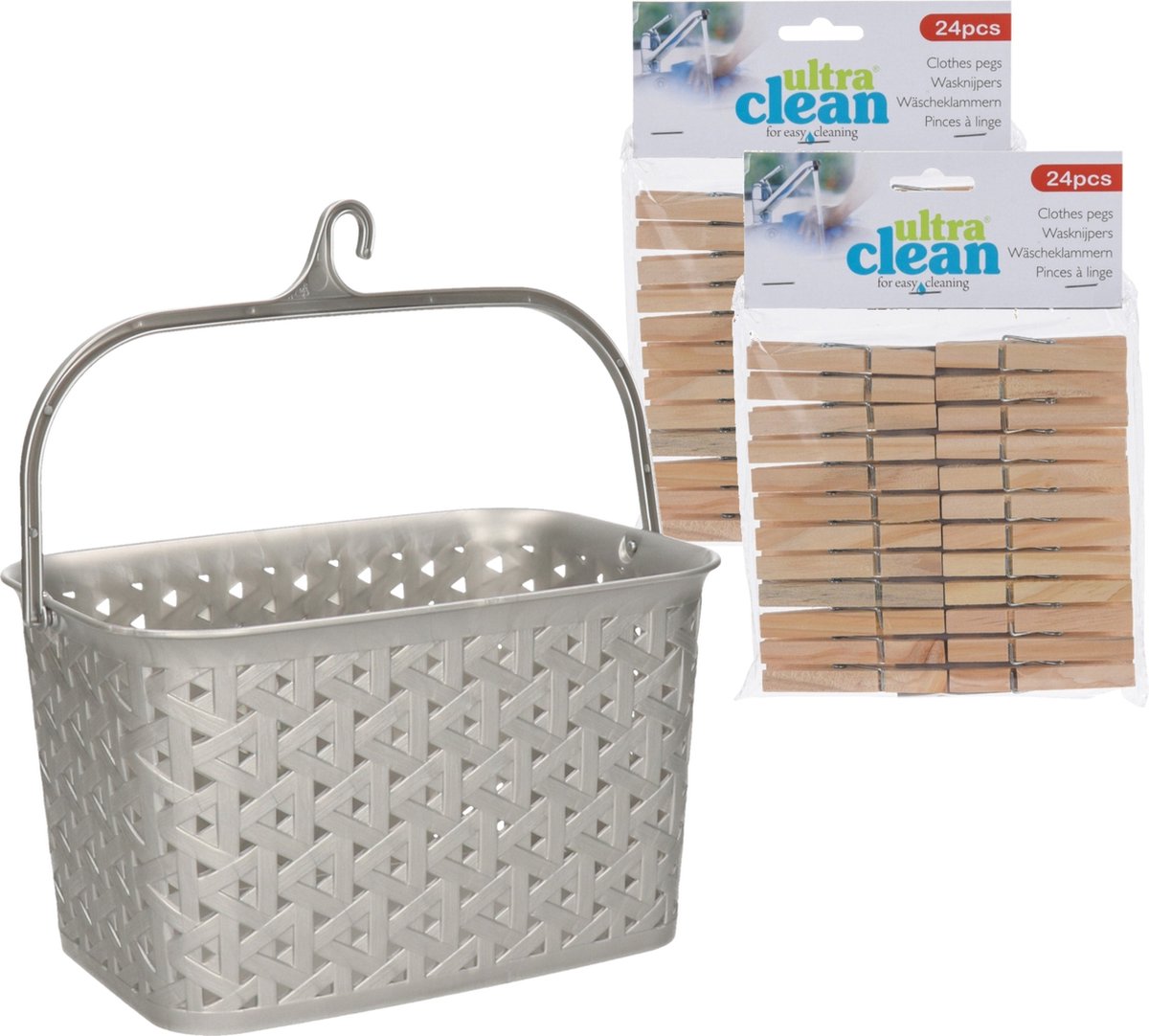 Goedkoopste Wasknijpersmandje met ophanghaak - zilver - en 48x houten wasknijpers 7 cm - was ophangen