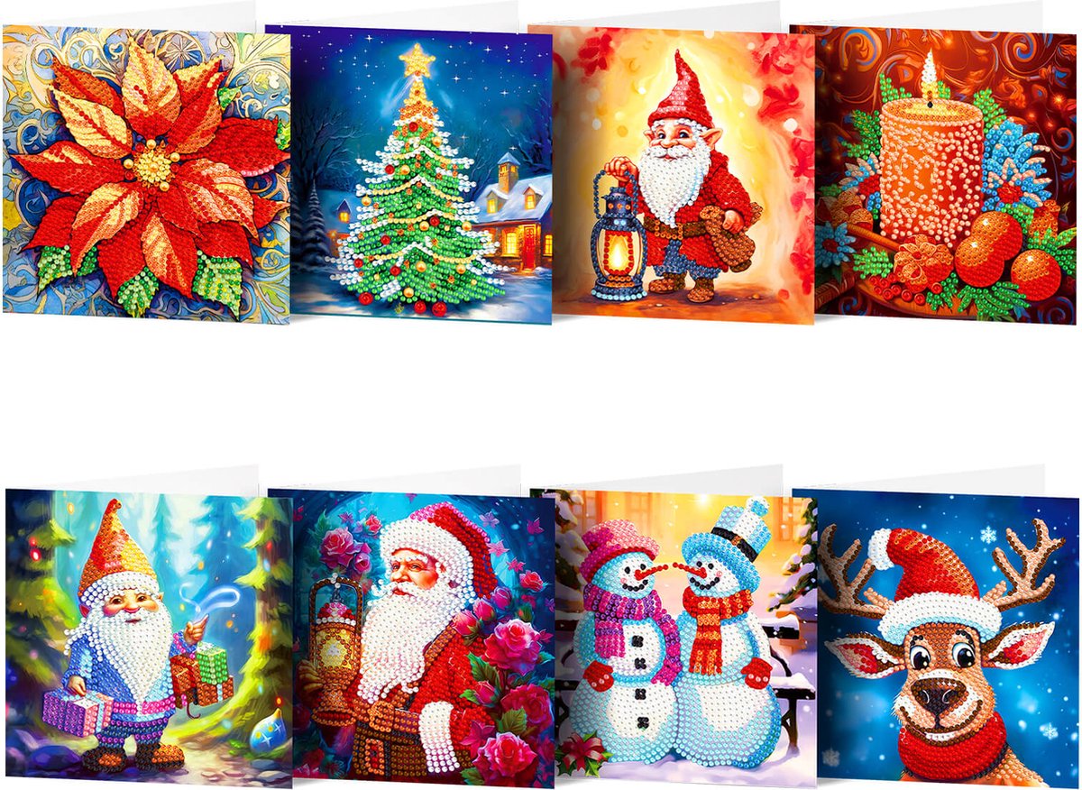 Adorzy Diamond Painting Kerstkaarten – 8 stuks - 15x15 cm - Diamond Painting pakket volledig – Diamond Painting Volwassenen