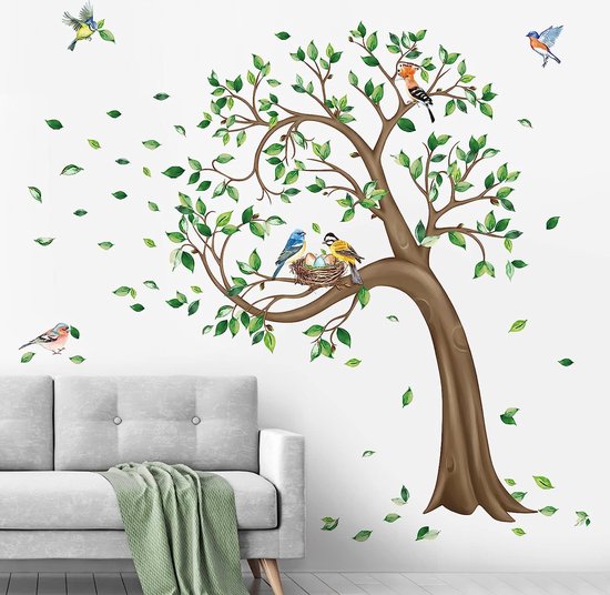 Grand arbre vert Stickers muraux muraux feuilles volantes Vogels
