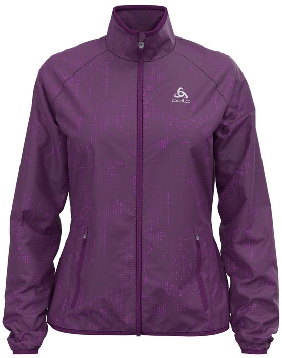 Paarse Odlo Element Light AOP sportjas voor dames met abstracte donkerpaarse print en rits.