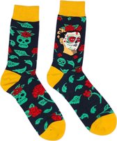 Frida Kahlo sokken -Kunstsokken Dia de Muertos Sugar Skull & Rozen - Dames maat 37-42 - Halloween Sokken