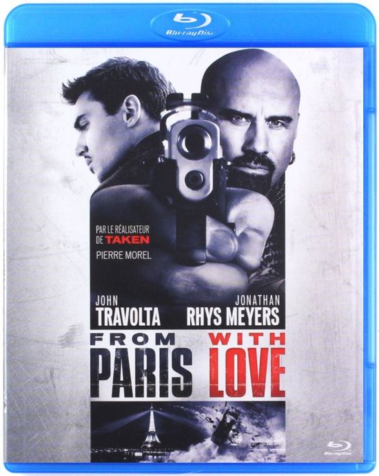 Koppen van twee mannen, waarvan één met een wapen gericht naar de kijker, op de voorkant van een Blu-ray hoesje. "From Paris With Love" staat bovenaan.