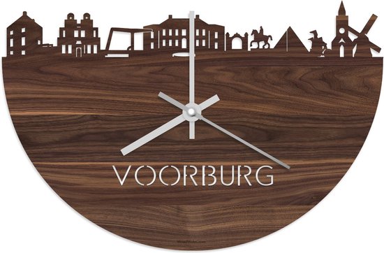 Skyline Klok Voorburg Notenhout - Ø 40 cm - Stil uurwerk - Wanddecoratie - Meer steden beschikbaar - Woonkamer idee - Woondecoratie - City Art - Steden kunst - Cadeau voor hem - Cadeau voor haar - Jubileum - Trouwerij - Housewarming - WoodWideCities