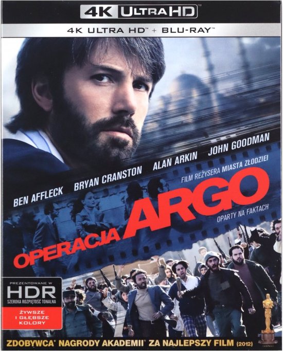 Ben Affleck op de voorgrond, met de titel ARGO in grote rode letters. Ondertitels "Operacja Argo" en "4K ULTRA HD".