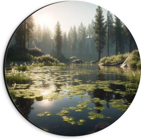 Dibond Muurcirkel - Bladeren Dobberend op Rivier omringd door Hoge Bomen - 20x20 cm Foto op Aluminium Muurcirkel (met ophangsysteem)