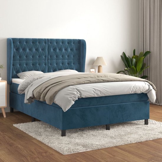 The Living Store Boxspringbed - Donkerblauw Fluweel - 203 x 147 x 118/128 cm - Pocketvering Matras - Middelharde Ondersteuning - Huidvriendelijk Topmatras