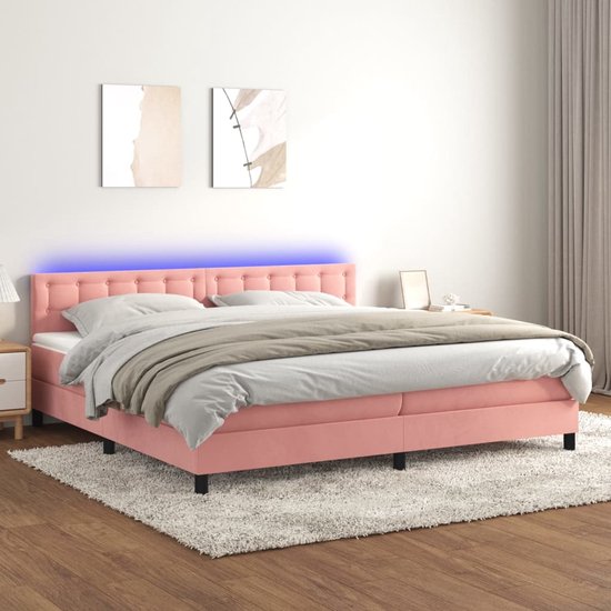 The Living Store Boxspring Bed - Fluwelen Roze - 203x200x78/88cm - Met LED en Pocketvering