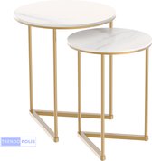 Trendopolis Moderne Ronde Marmeren Side Table Set - Bijzettafel Set Marmerlook - Goud - Set van 2 Bijzettafeltjes Rond