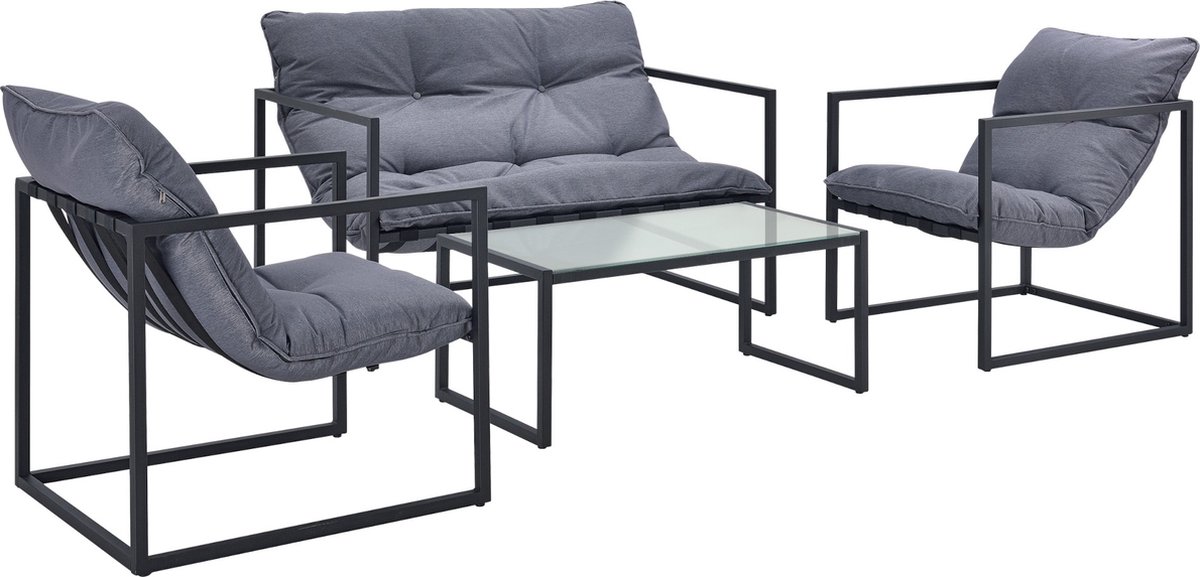 Tuinset Hector - 4-delig - Tafel - Bank - 2x stoelen - Zwart en Grijs - Luxe Look