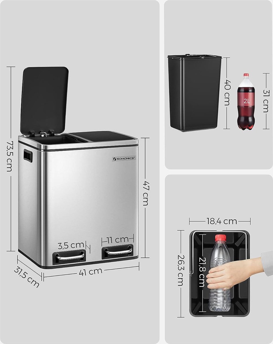 Goedkoopste Pedaalemmer Marta 2x15L - Prullenbak afvalscheiding - RVS - 2-delige compartimentering - Chroom - 41 x 47 x 36 cm