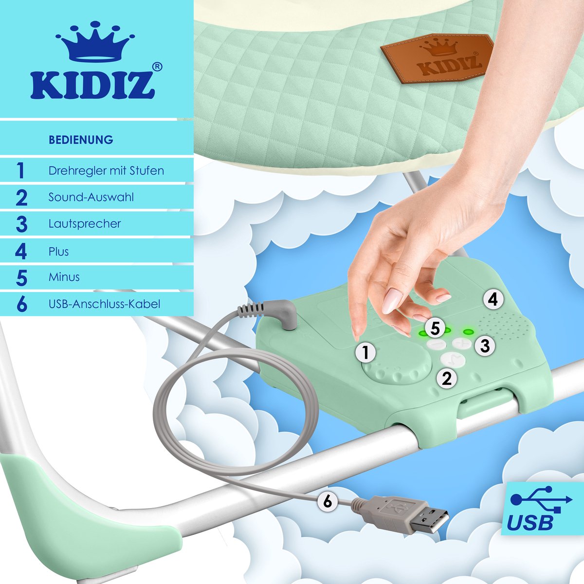 KIDIZ Wipstoel Baby Elektrisch Babyschommel tot max 9kg - Mintgroen thumbnail 3