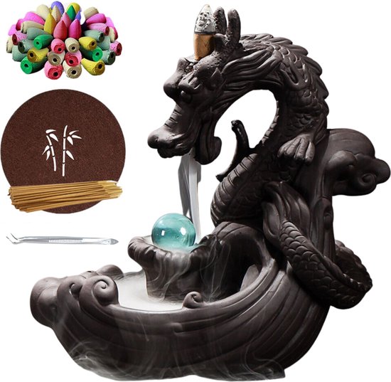 Porte-encens Dragon avec boule bleue - Comprend 50 cônes d'encens - Brûleur d'encens Dragon - Brûleur d'encens à refoulement - Nag Champa