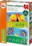 Doos met leerzame spelletjes: 'letters schrijven'. Met afbeeldingen van gele cirkels en pauwen. Bevat ook de letter C en P.