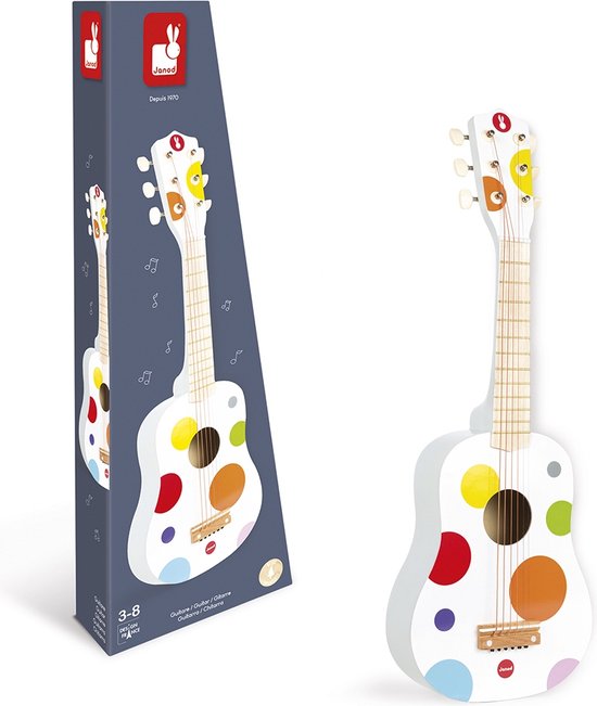 Foto: Janod confetti houten gitaar voor kleine muzikanten met 6 snaren om je eigen melodie n te spelen geschikt vanaf 3 jaar
