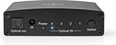 Nedis Digitale Audio-Switch - 4-wegs - Input: DC Power / 4x TosLink - Output: TosLink Female - Afstandsbediening / Drukknop / Manueel - Metaal - Zwart