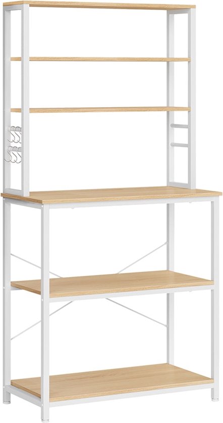 Keukenrek - Keukenkast - Met 6 planken en 6 haken - Metalen frame - Wit Bruin